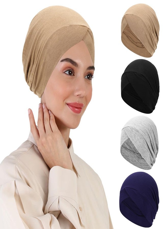 XEPST 4 PCS Hijab Undercap for Women, Islamic Muslim Under Hijab Cap Cross Turban Underscarf Solid Color Undercap Bonnet Inner Head Scarf Head Wraps Hair Turbans for Women Chemo Headwear Sleep Cap - Image 1